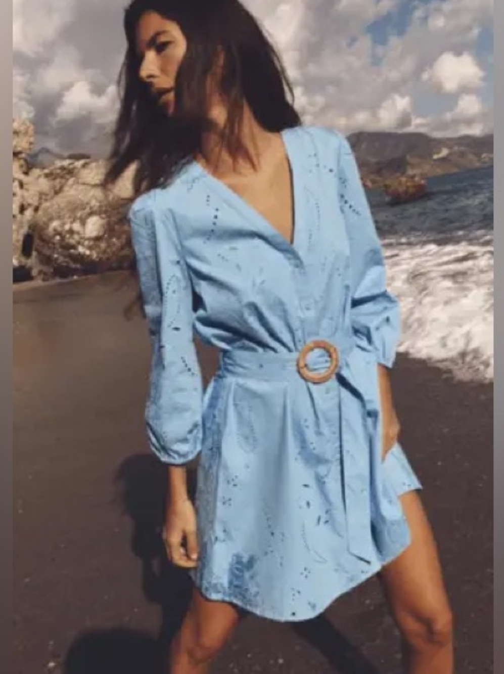 Zara Light Blue Eyelet Belted Mini Dress M